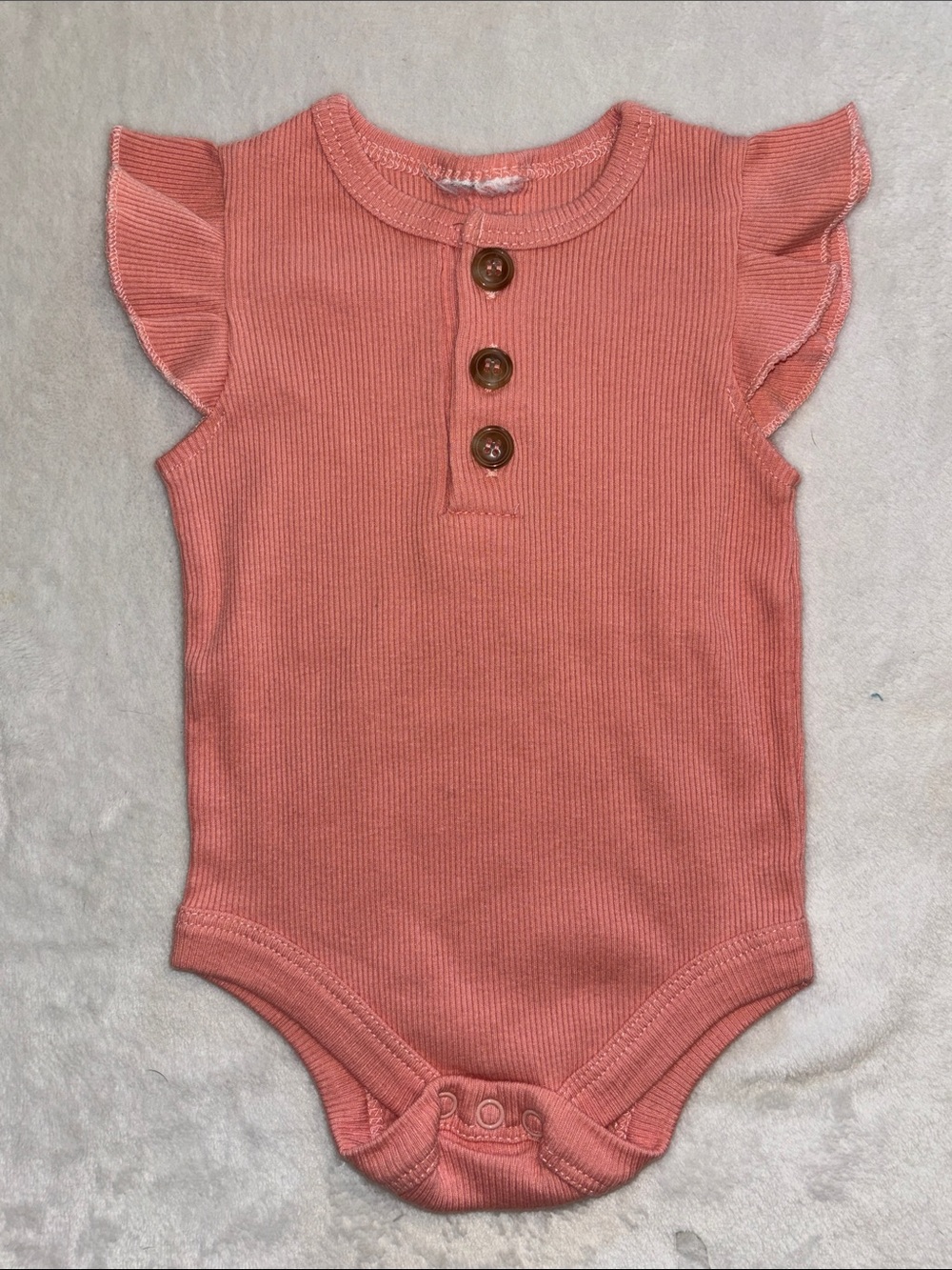 (3 for $10) 3 month pink ribbed One-Piece Flutter Sleeve Bodysuit - Coral Pink